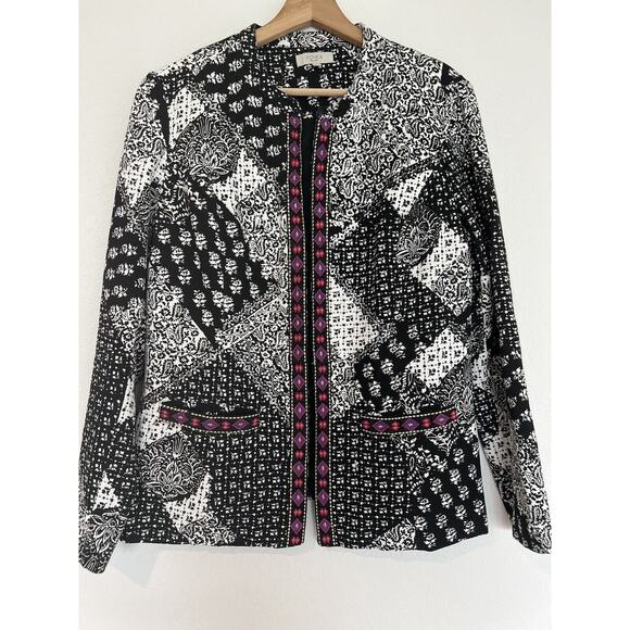 Indikka L Mix Print Jacket Sz L Embroidered Trim Black/White Blazer Boho - Picture 1 of 9